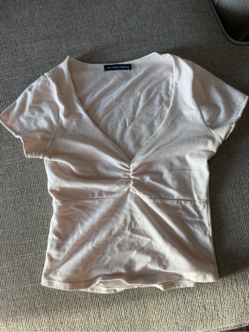 Brandy Melville Cream Ruched V-Neck Short Sleeve Top